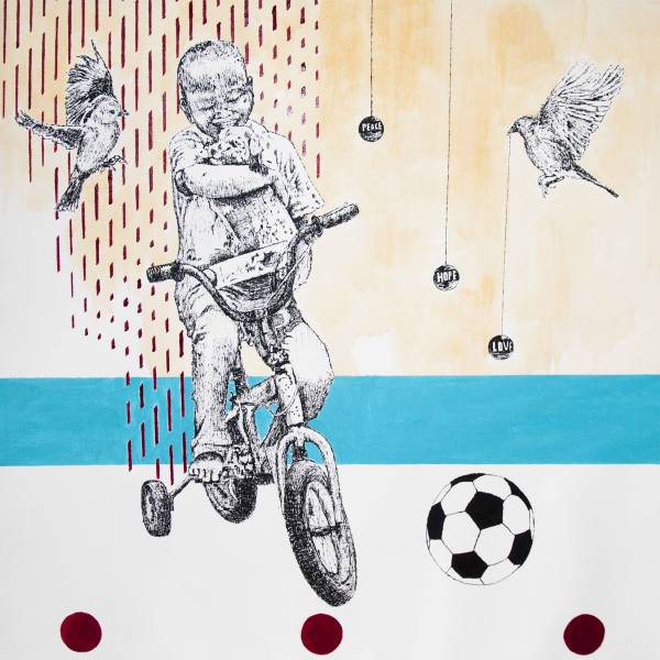 Edward Selematsela - A boy on a bike with a dog , two birds and a soccer balloon- 125x124