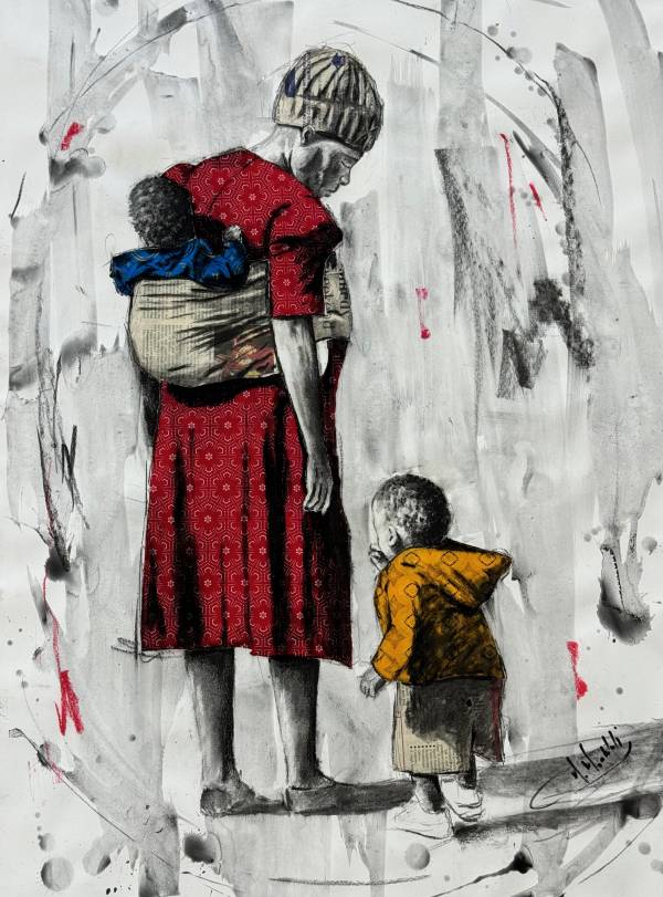 Moeketsi Moahloli_Grandmother in red dress with 2 babies_100 x 76cm