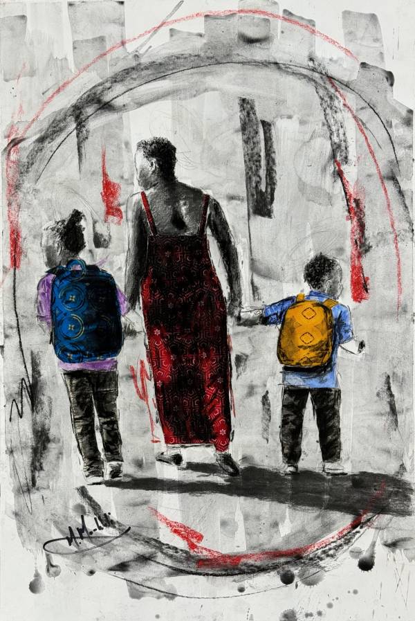 Moeketsi Moahloli_Mother with 2 school children_74 x 50cm