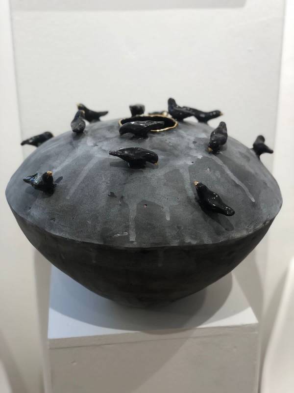 Maureen Visage_Grey vase with Black Birds L