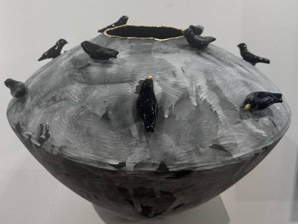 The Artists Gallery_Maureen Visage_Grey Vase with black birds