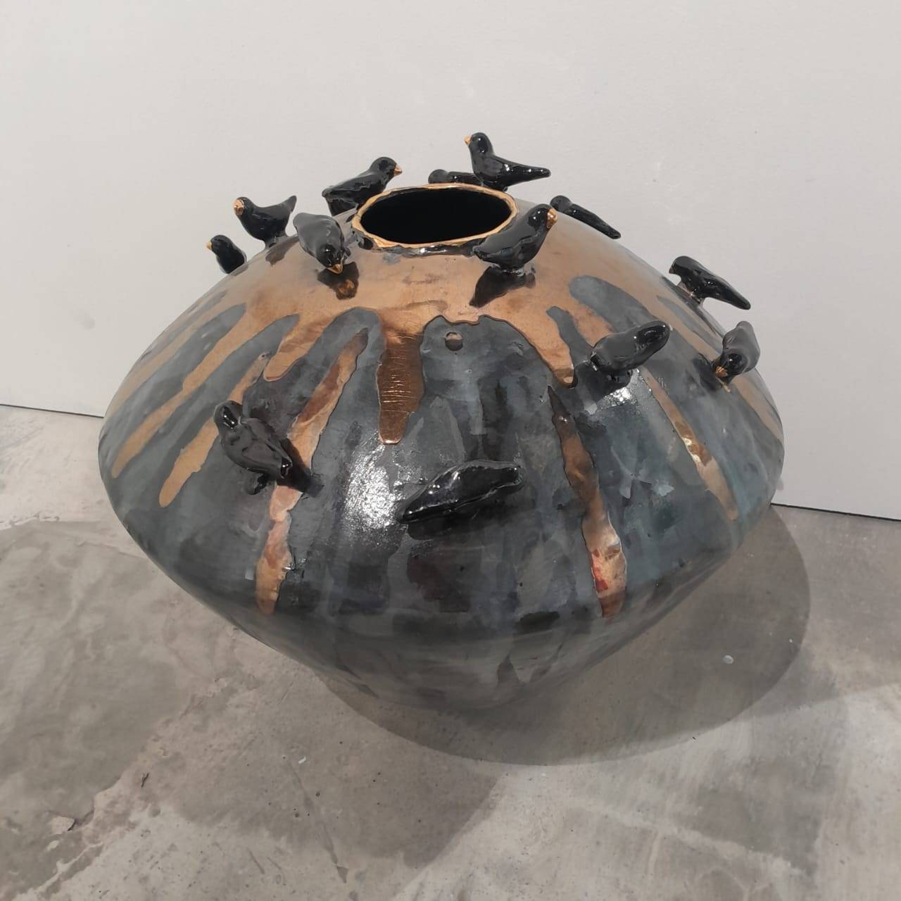 Black and Bronze Vase with Black Birds