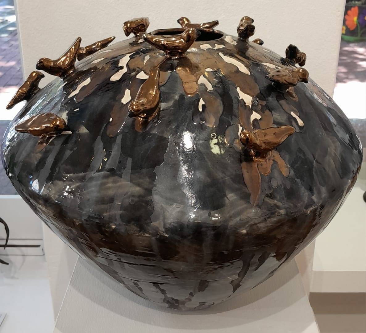 Black and Bronze Vase with Bronze Birds